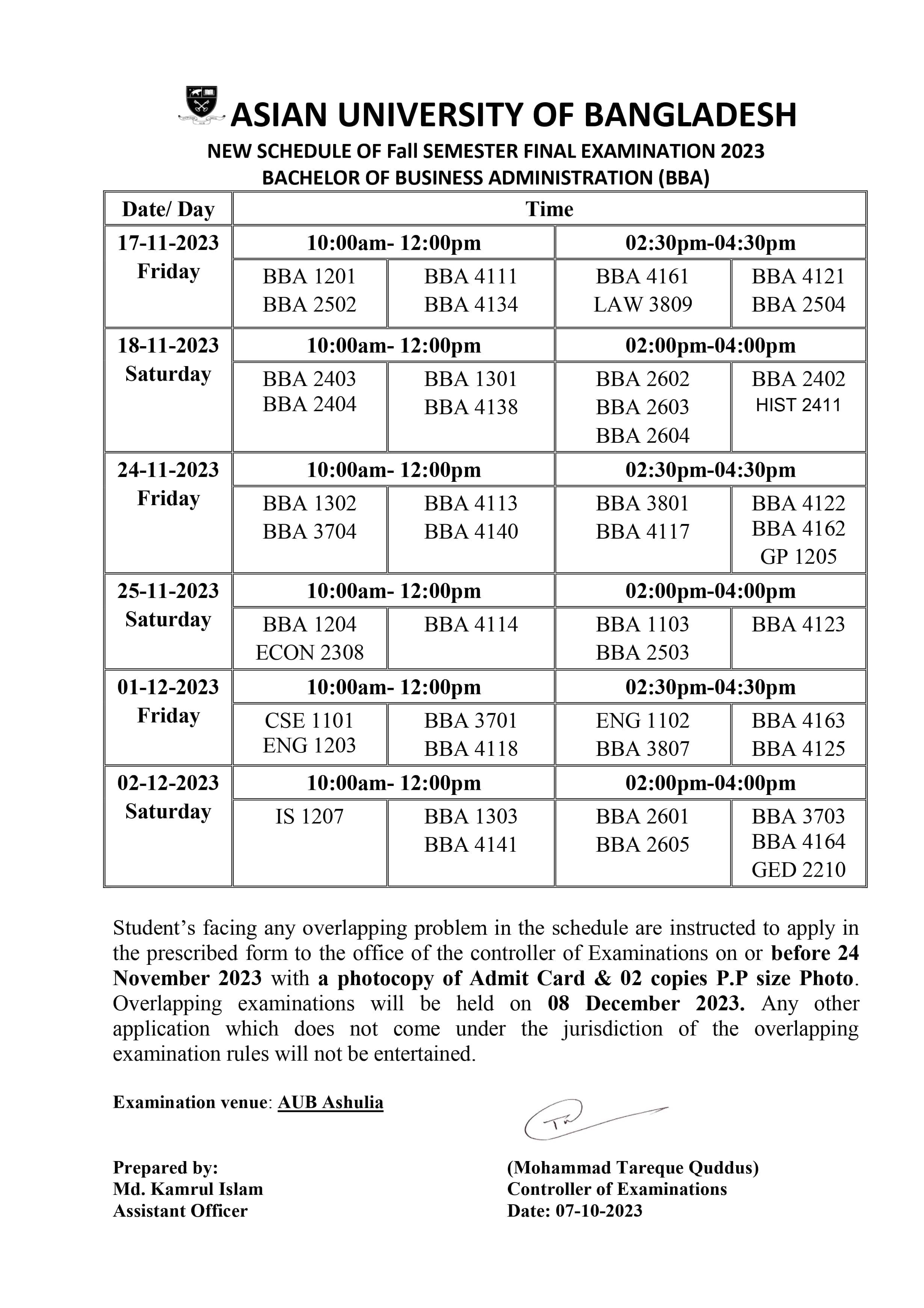 Fall 2023 Semester Final Exam Routine - Department of Business Administration image