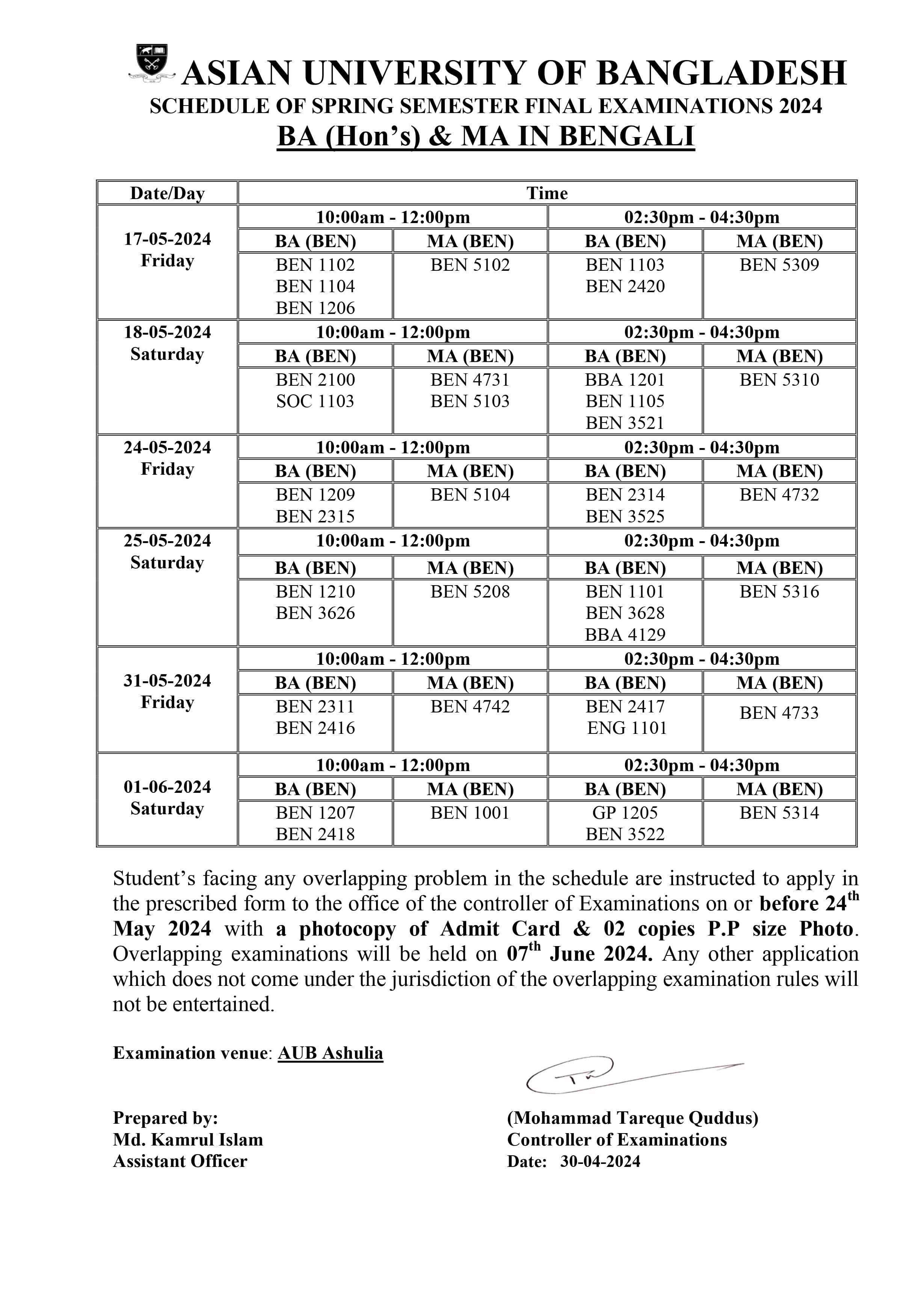 Spring 2024 Final exam Routine - Dept. of Bengali image