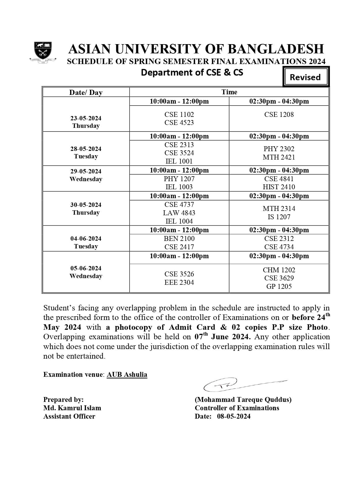 Spring 2024 Final exam Routine - Dept. of Computer Science and Engineering image