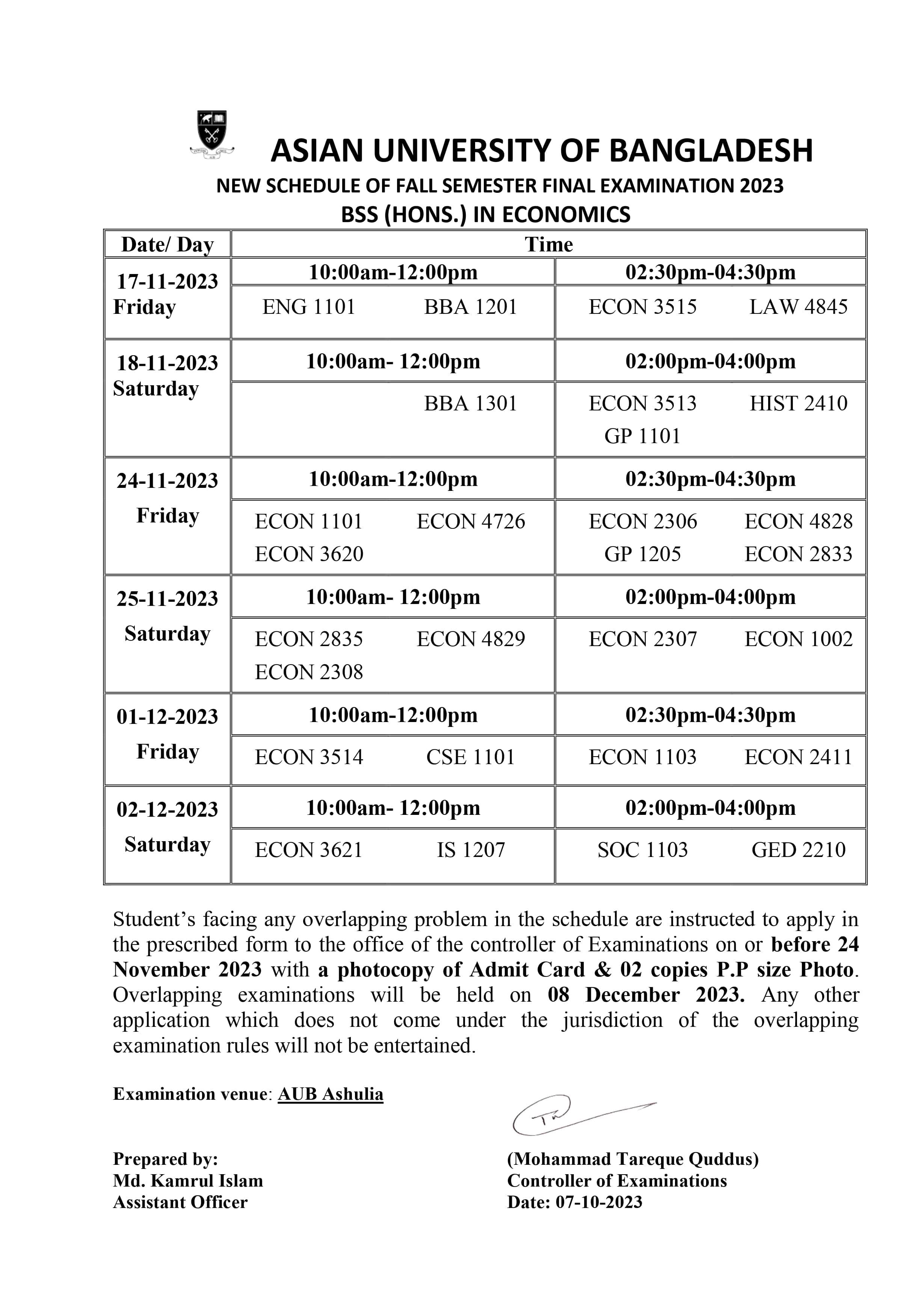 Fall 2023 Semester Final Exam Routine - Department of Economics image