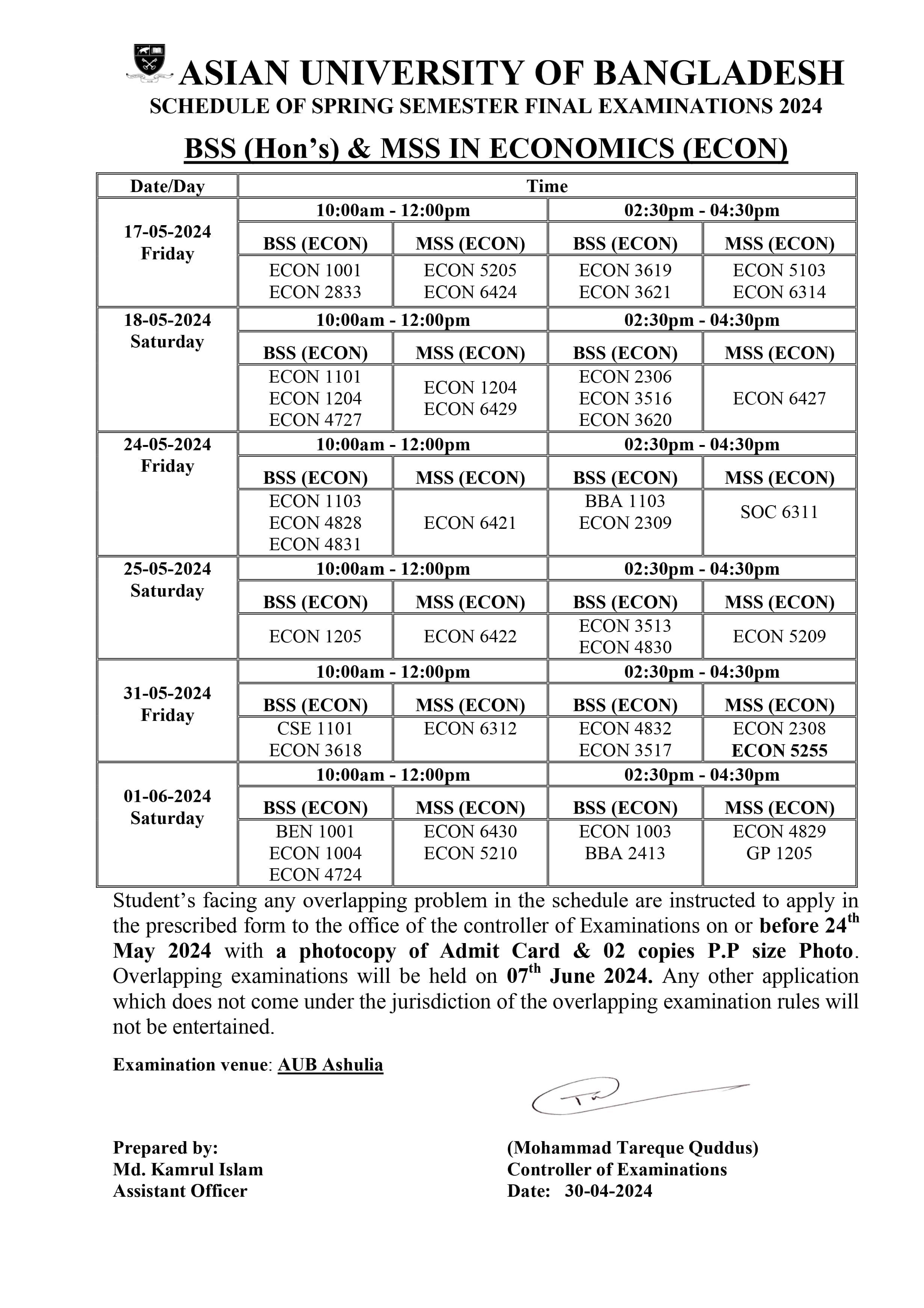 Spring 2024 Final exam Routine - Dept. of Economics image