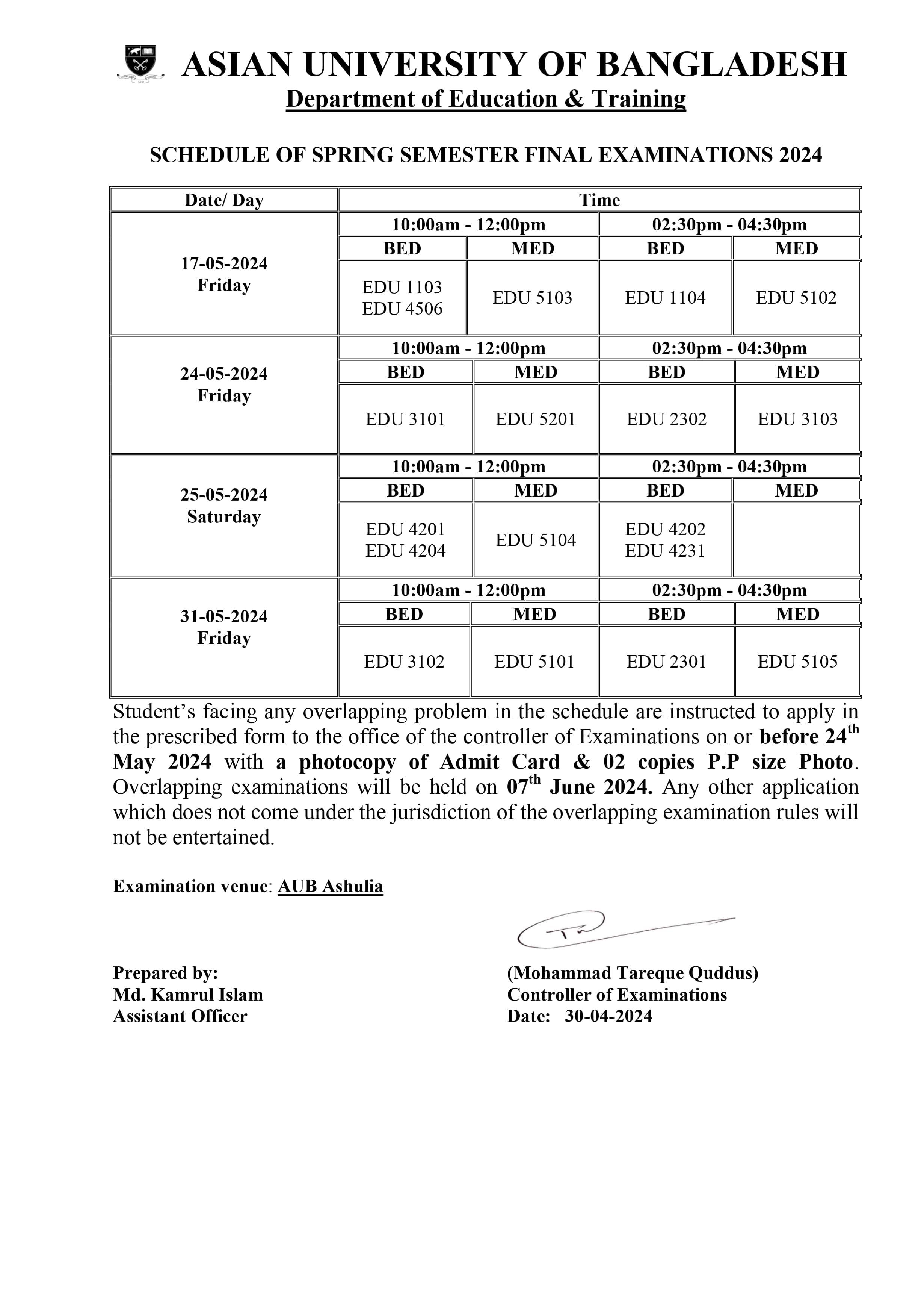 Spring 2024 Final exam Routine - Dept. of Education & Training image