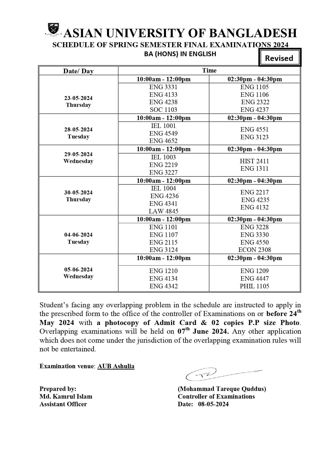 Spring 2024 Final exam Routine - Dept. of English image