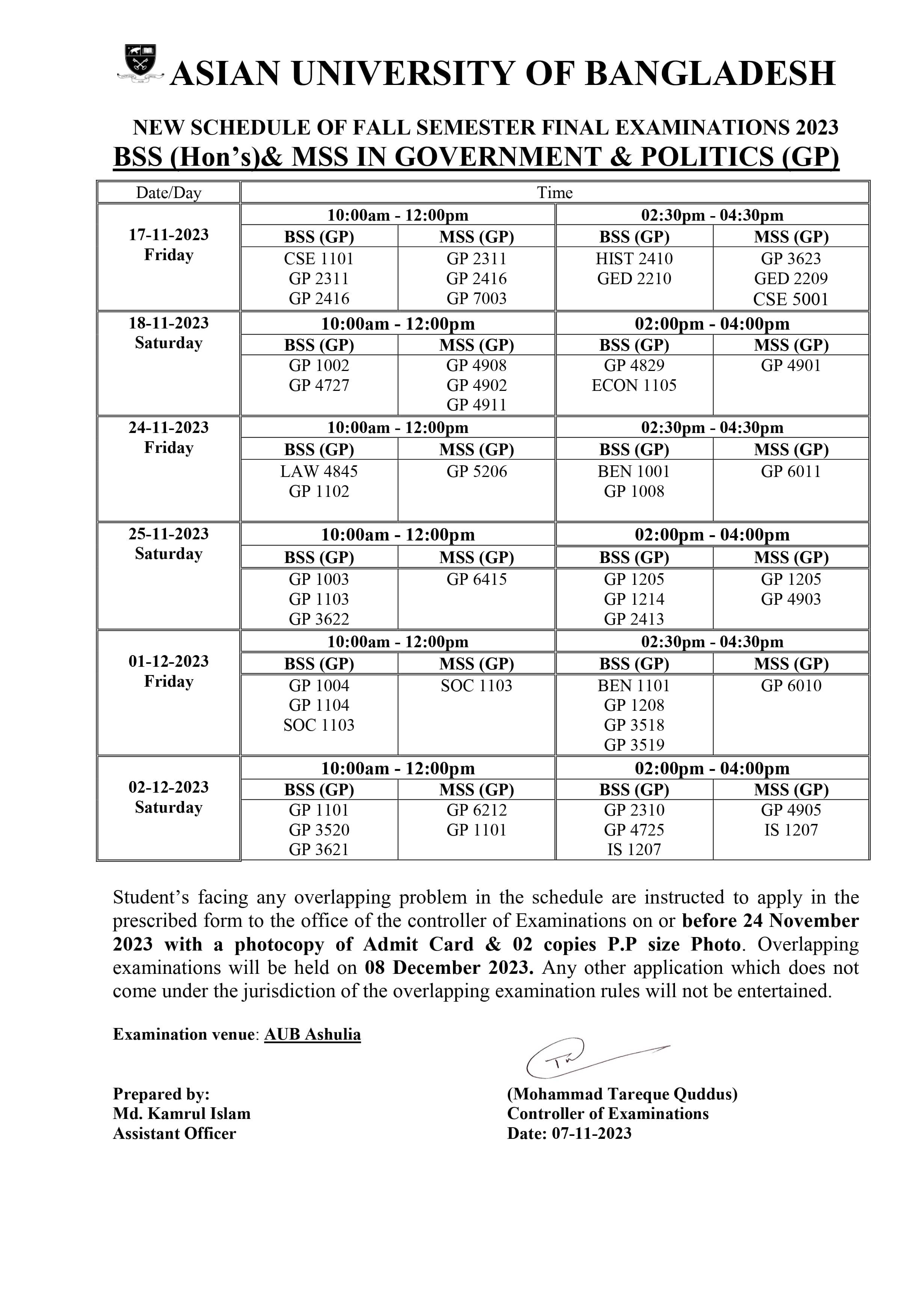 Fall 2023 Semester Final Exam Routine - Department of Government and Politics image