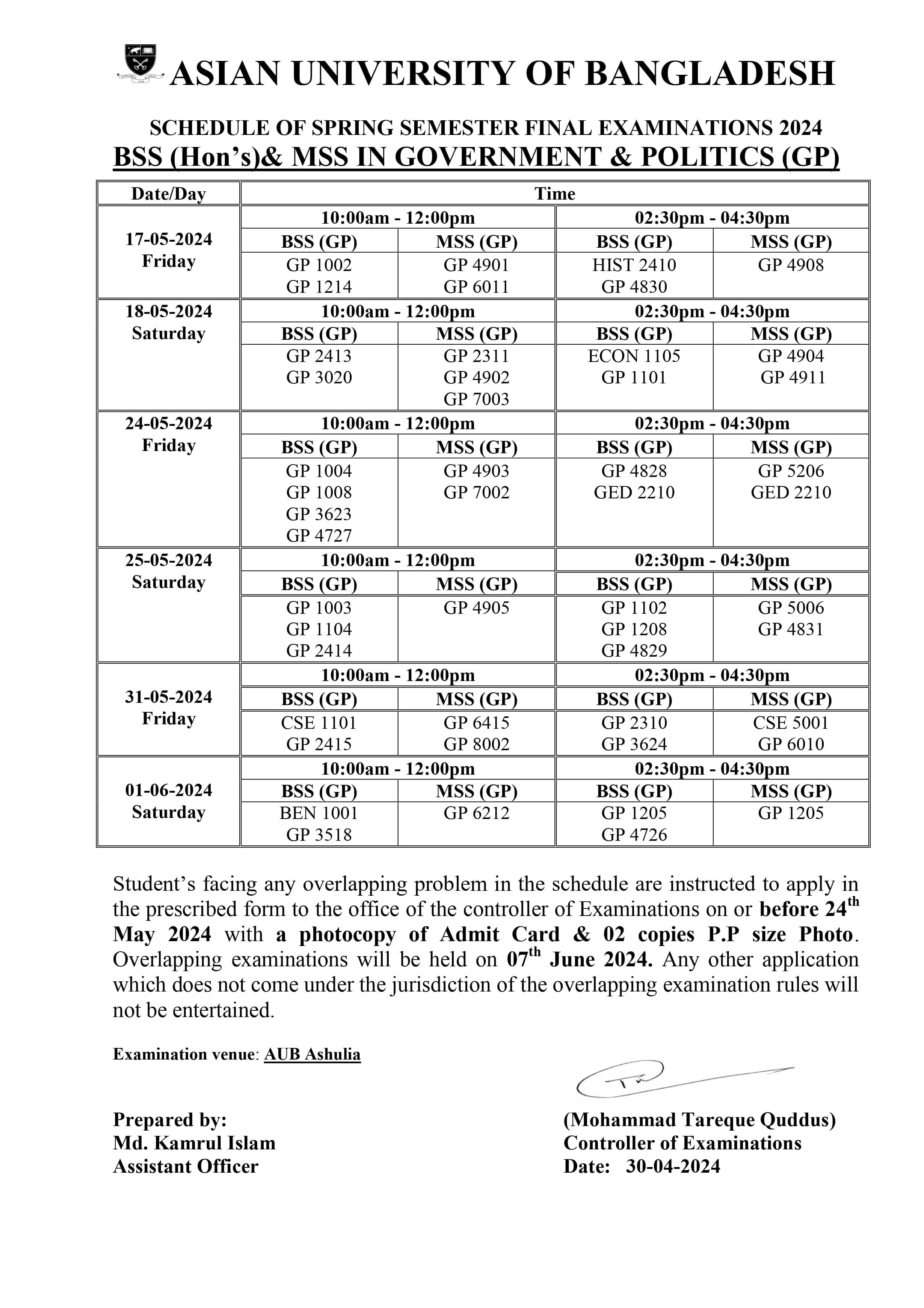 Spring 2024 Final exam Routine - Dept. of Government & Politics image
