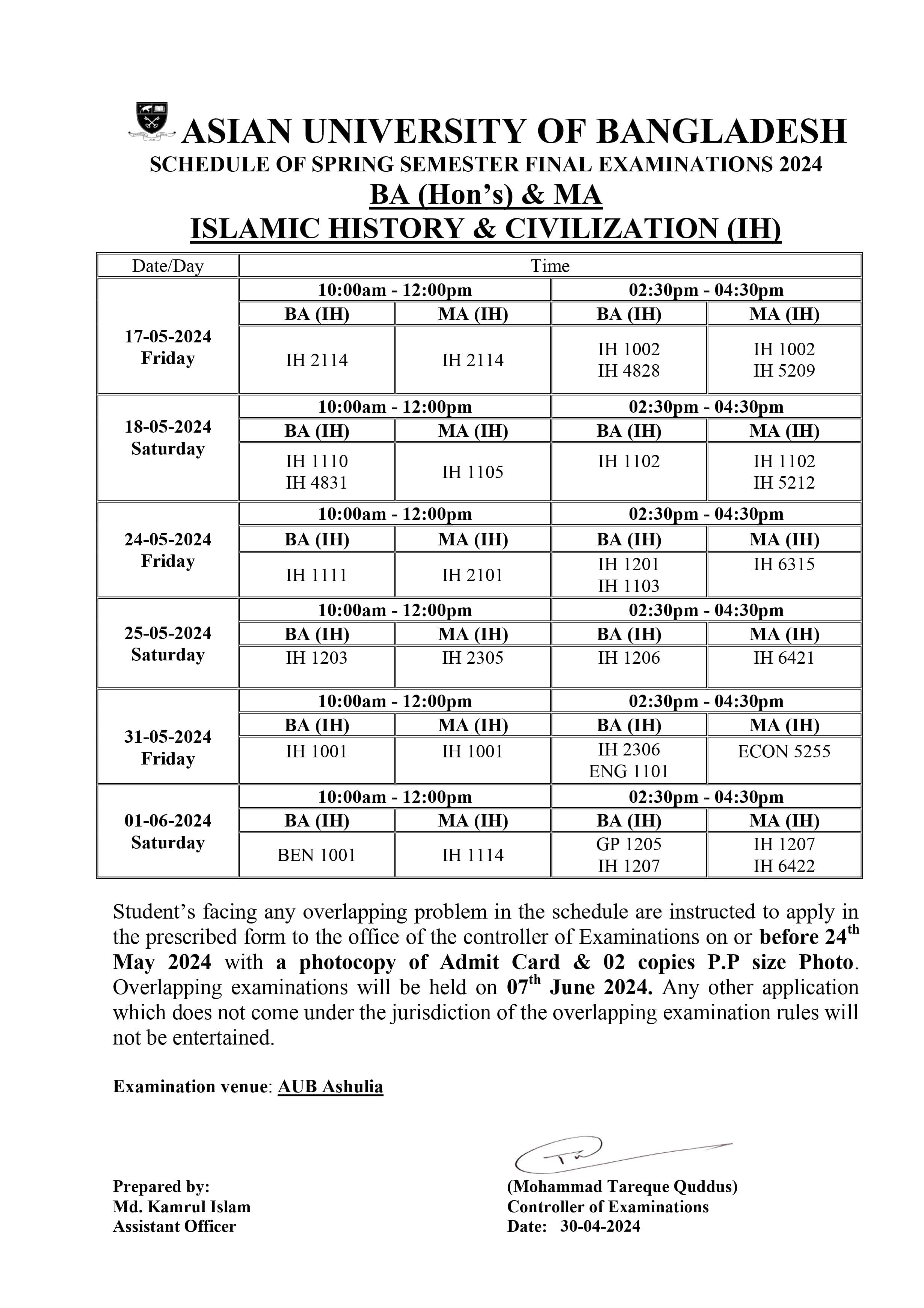 Spring 2024 Final exam Routine - Dept. of Islamic History & Civilization image