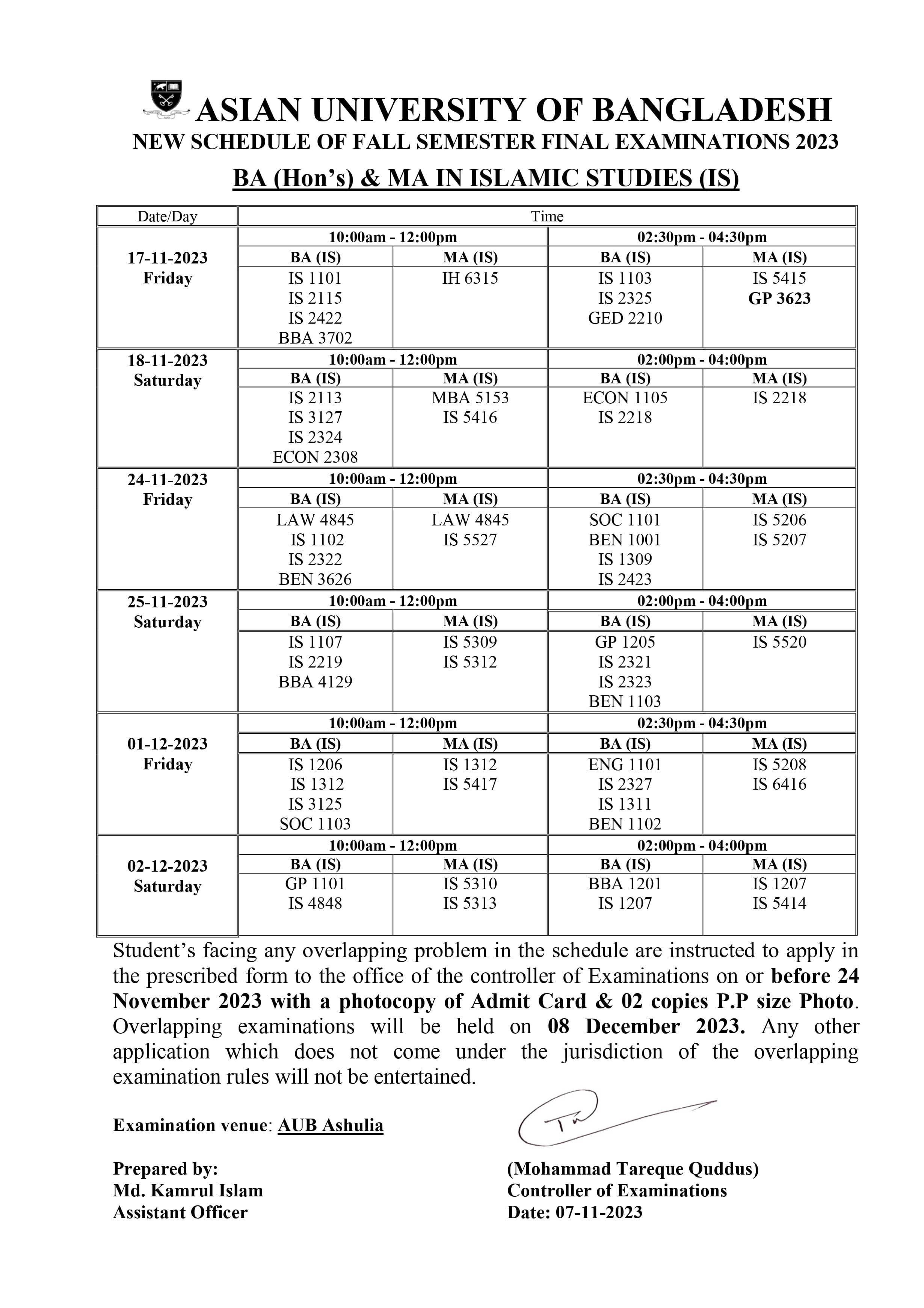 Fall 2023 Semester Final Exam Routine - Department of Islamic Studies image