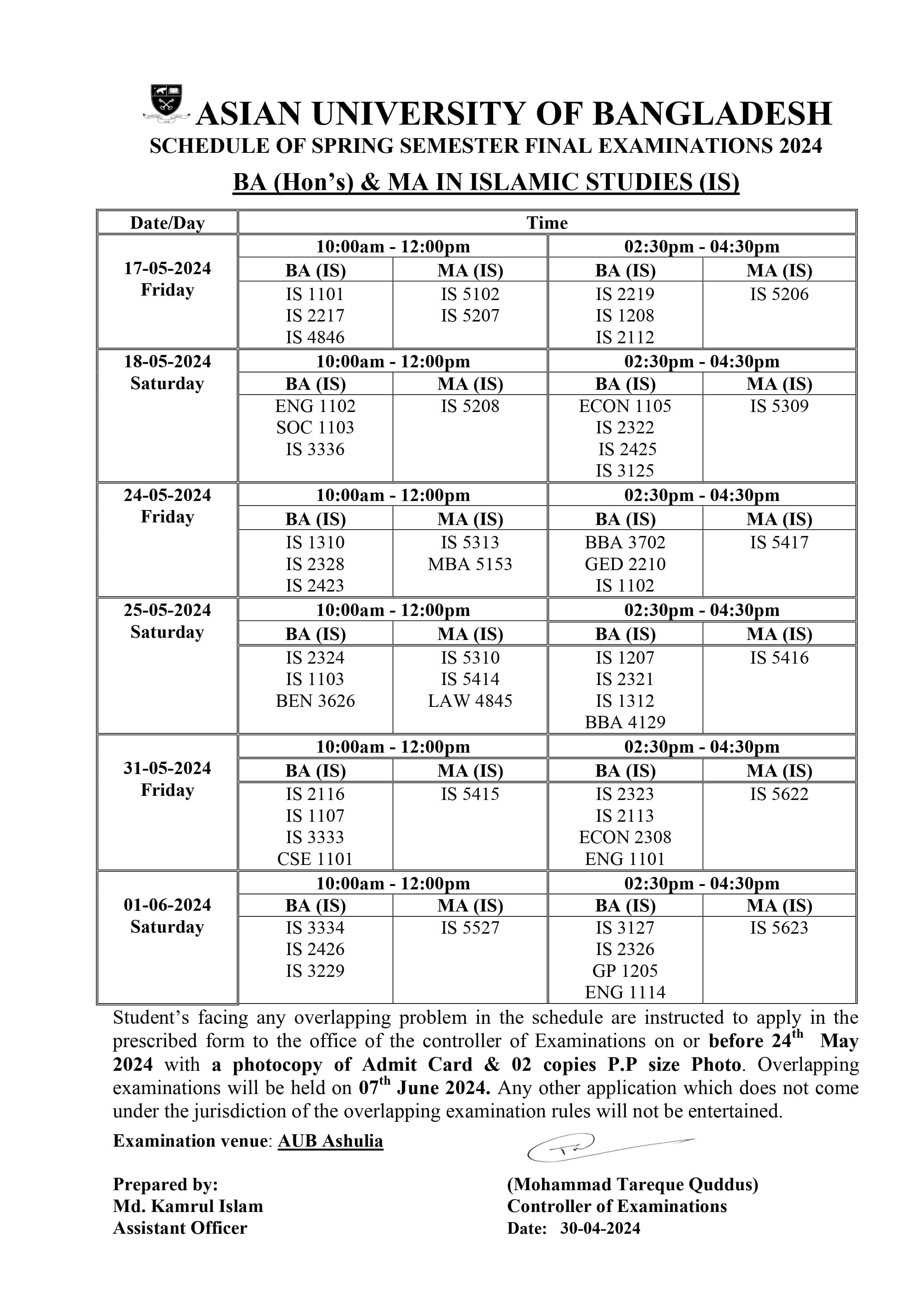 Spring 2024 Final exam Routine - Dept. of Islamic Studies image