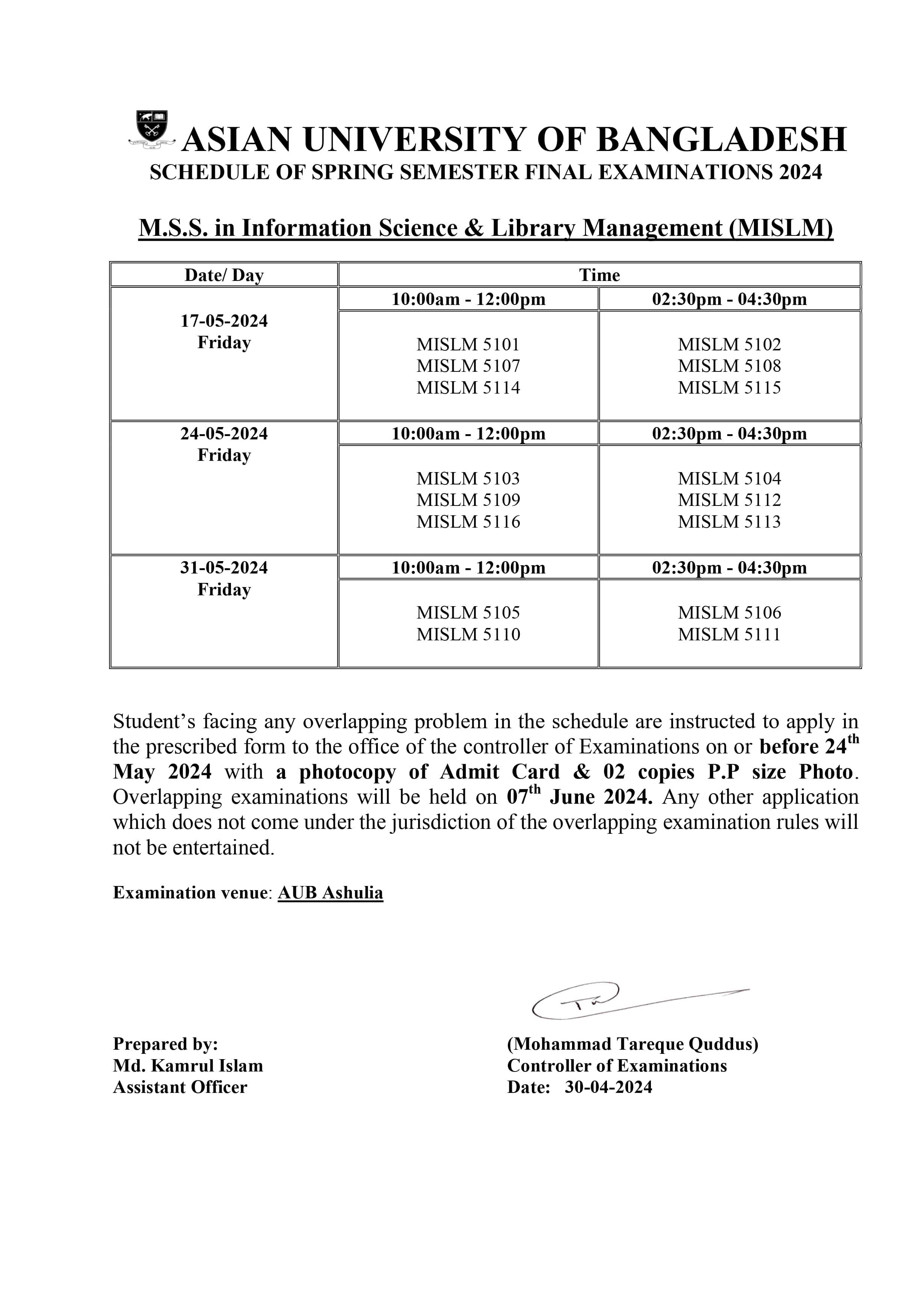 Spring 2024 Final exam Routine - Dept. of Information Science & Library Management image