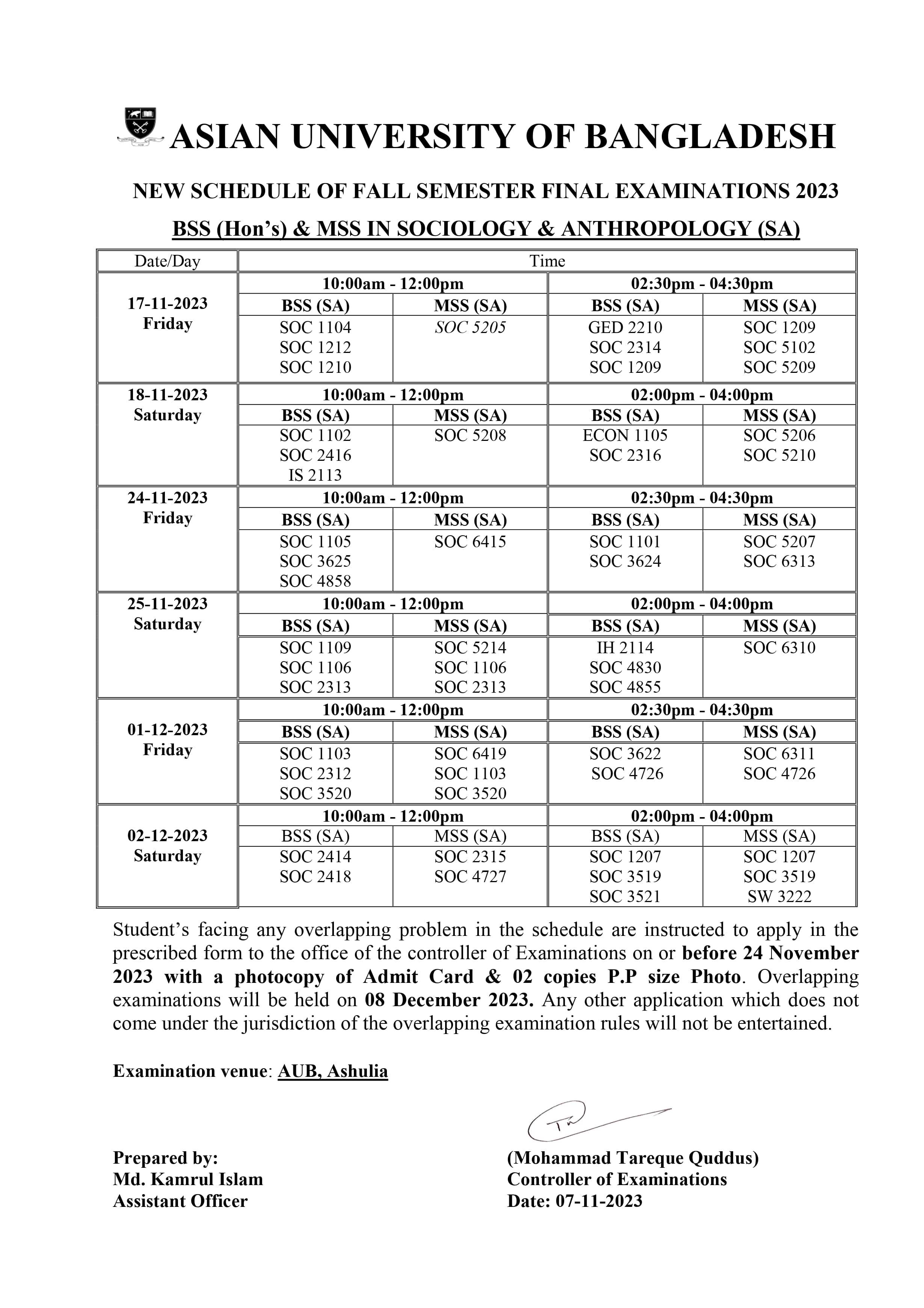 Fall 2023 Semester Final Exam Routine - Department of Sociology and Antropology image