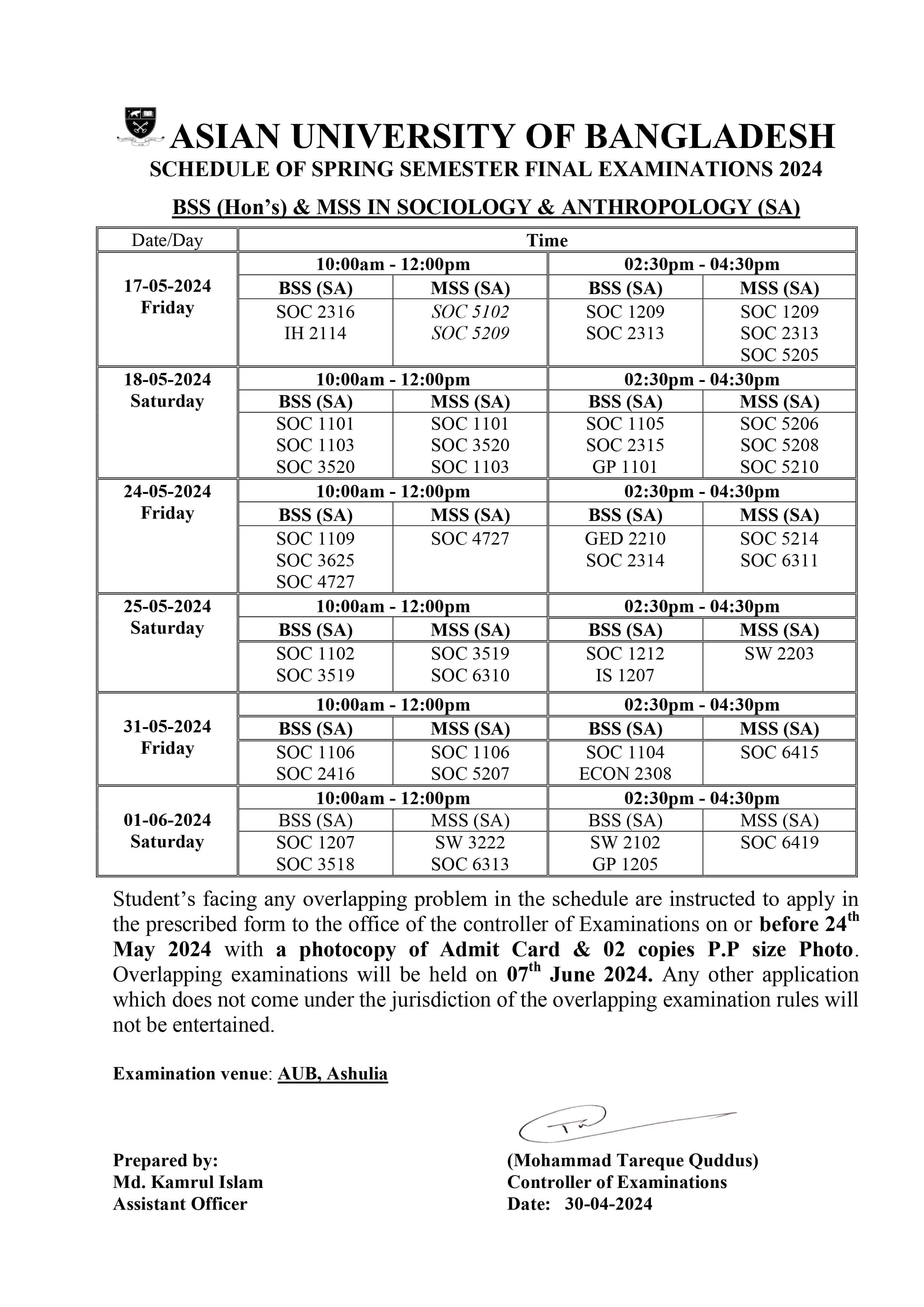 Spring 2024 Final exam Routine - Dept. of Sociology & Anthropology image