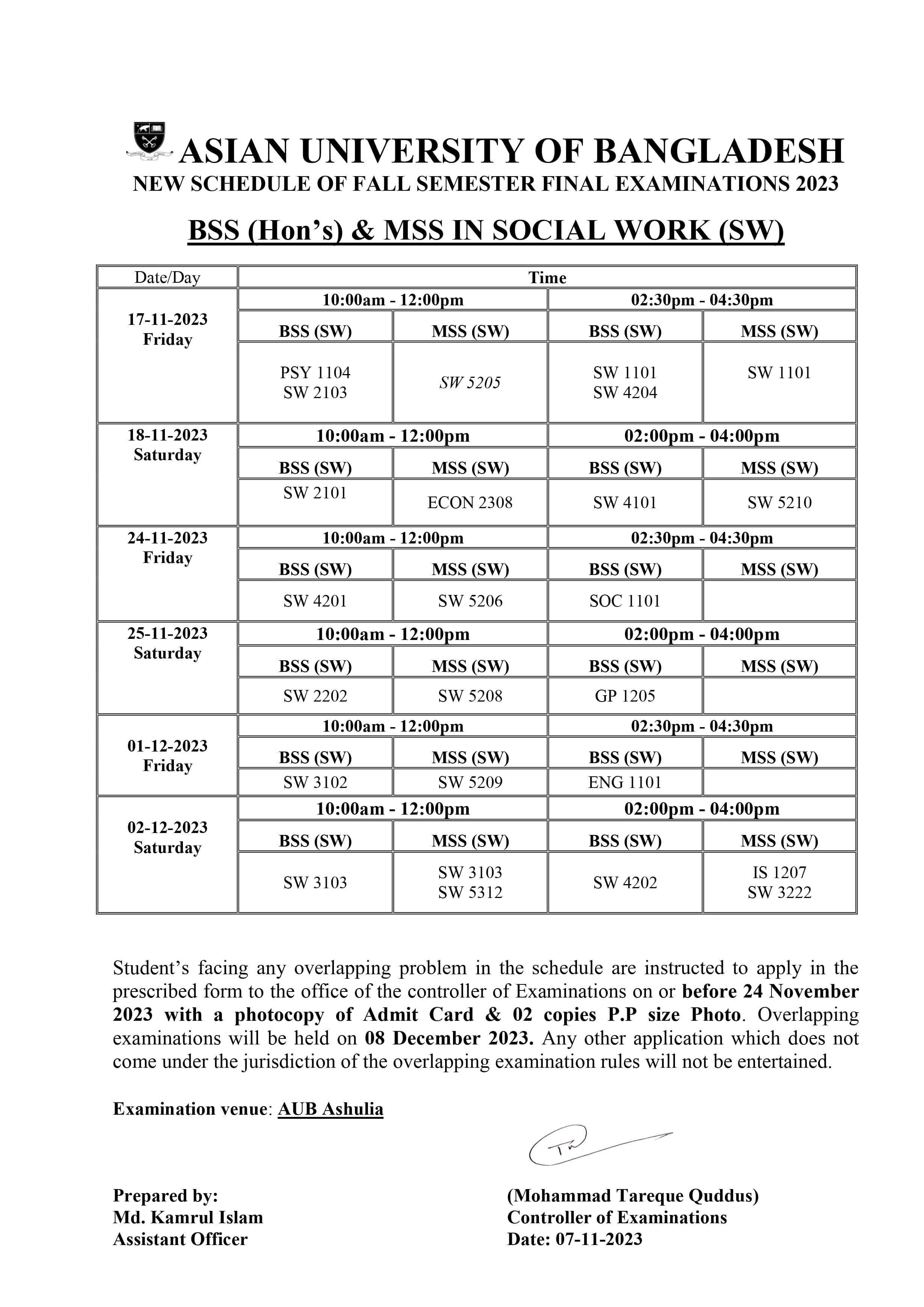 Fall 2023 Semester Final Exam Routine - Department of Social Work image