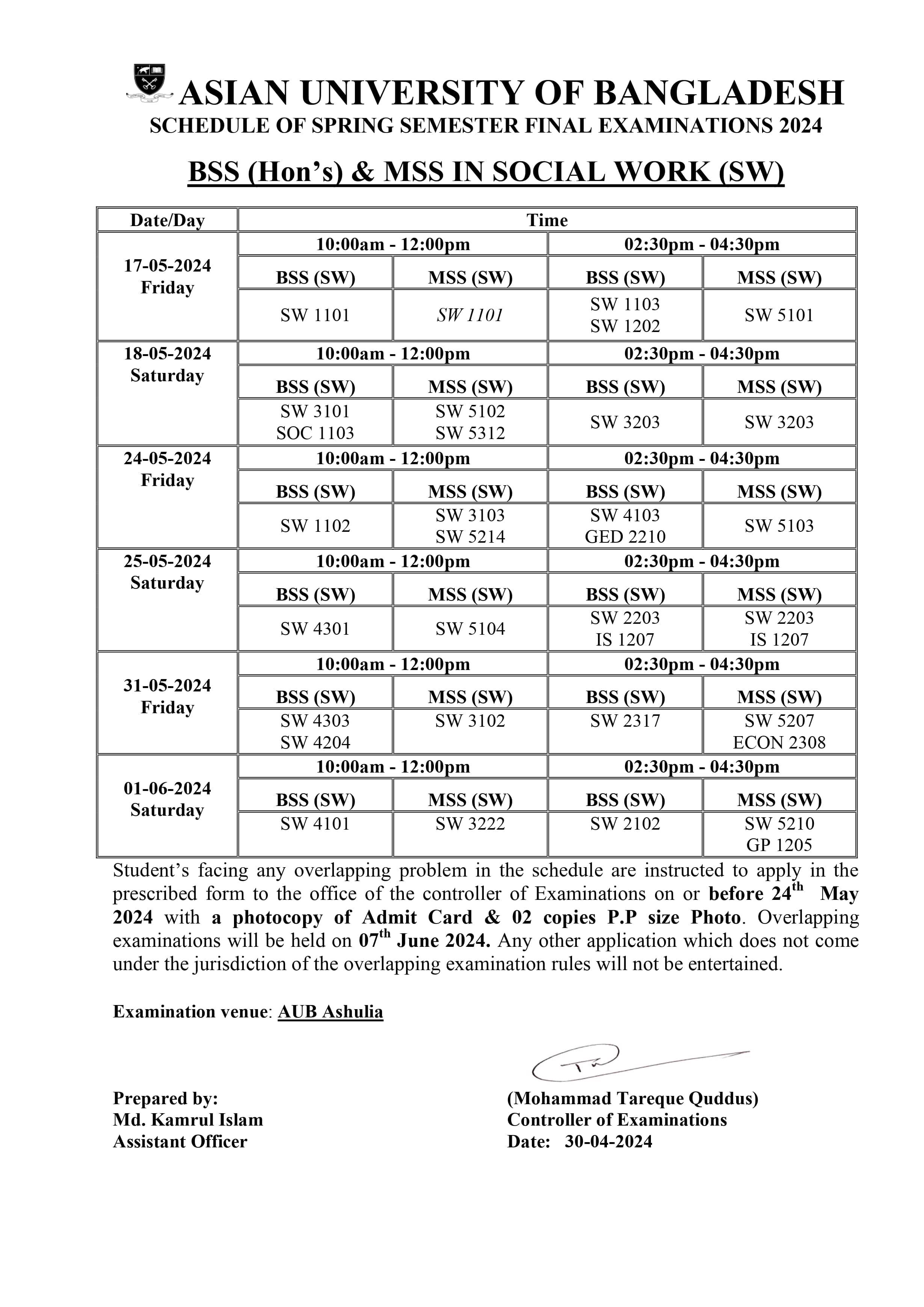 Spring 2024 Final exam Routine - Dept. of Social Work image