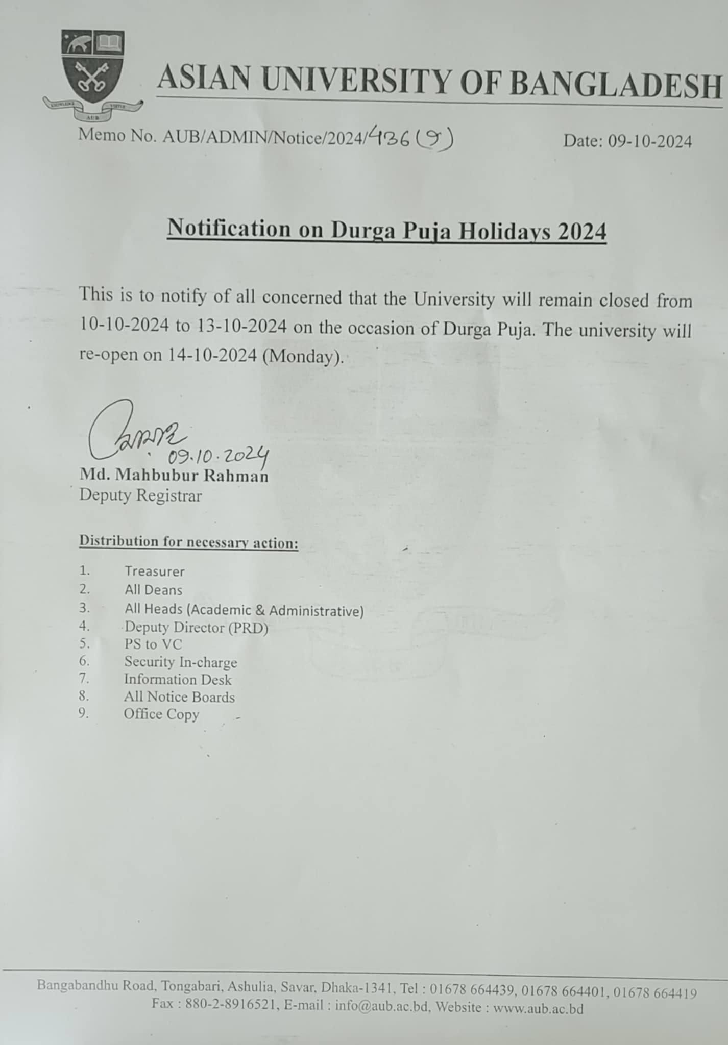 Notice for Durga Puja Holiday 2024 image
